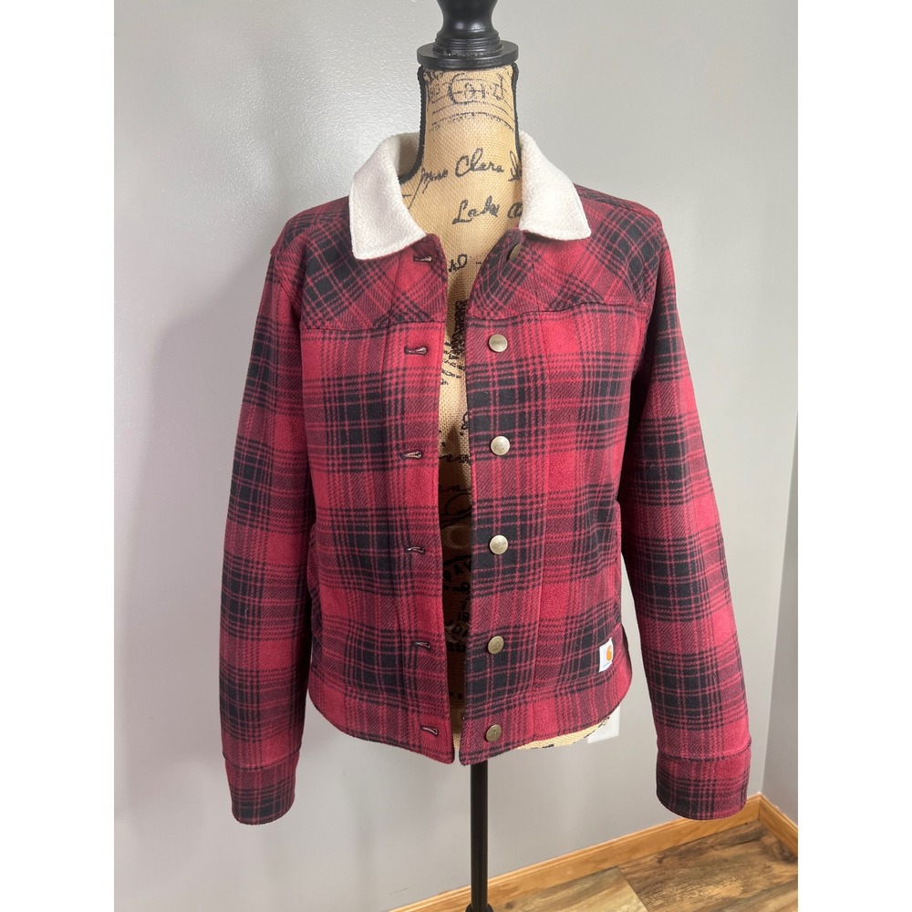Carhartt Womens Red Black Plaid Fleece Sherpa Collar cedar jacket Small